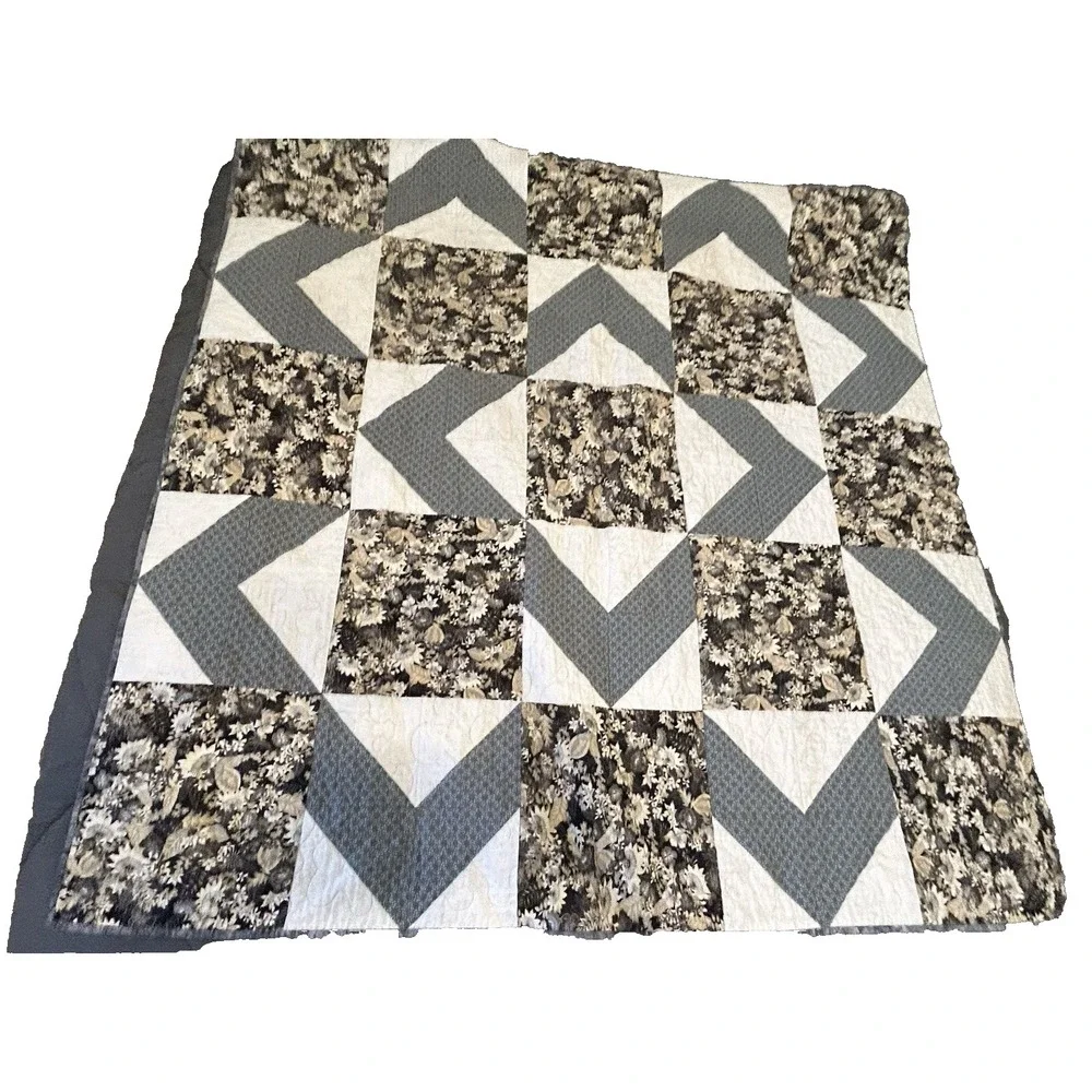 Handmade Quilt 45x45 Gray Black Floral Patchwork Lap Blanket Faith Church Script